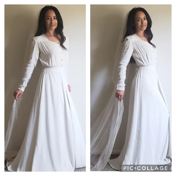 1940s Vintage Bridal Wedding Gown Dress Veil Belt - Picture 5 of 14